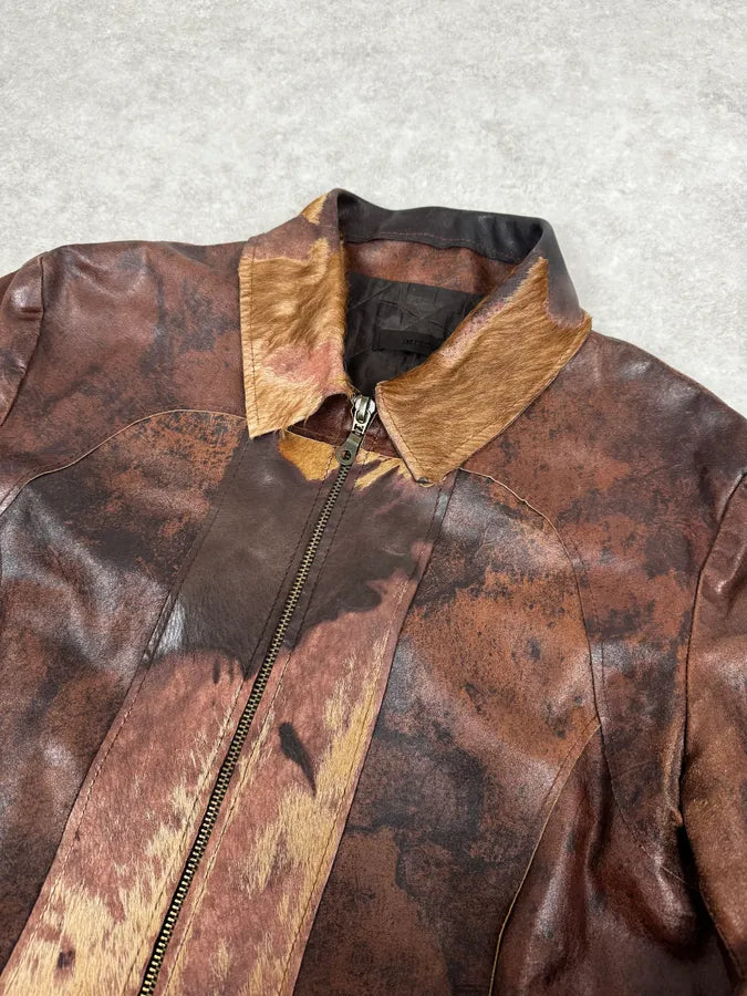 2000s Imperial Brown Leather Cow Effect Pony Hair Jacket blAtcRJ 4
