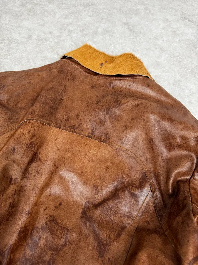 2000s Imperial Brown Leather Cow Effect Pony Hair Jacket VIteuMG 5