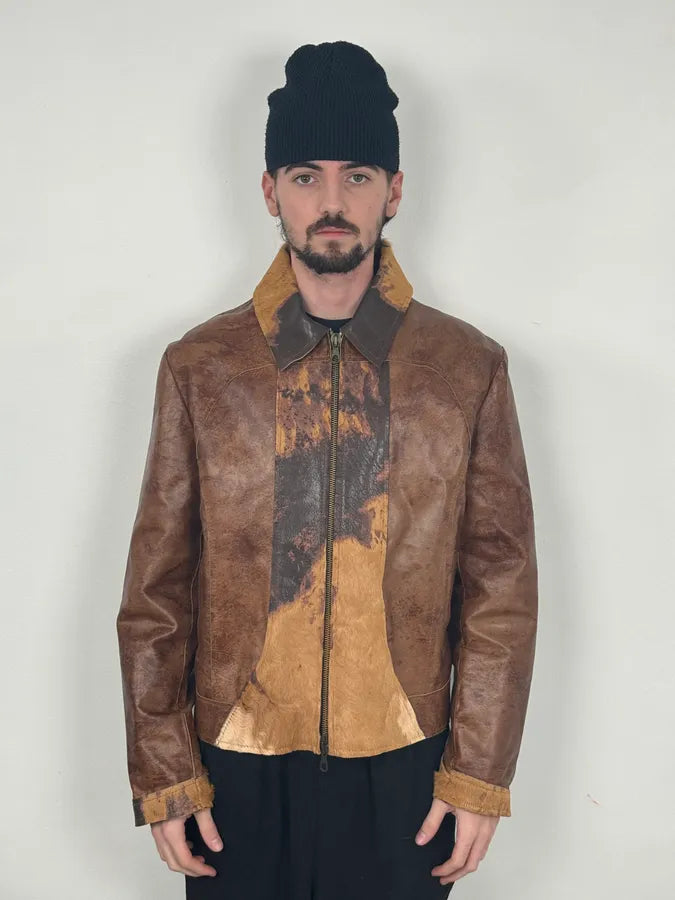 2000s Imperial Brown Leather Cow Effect Pony Hair Jacket VIteuMG 1