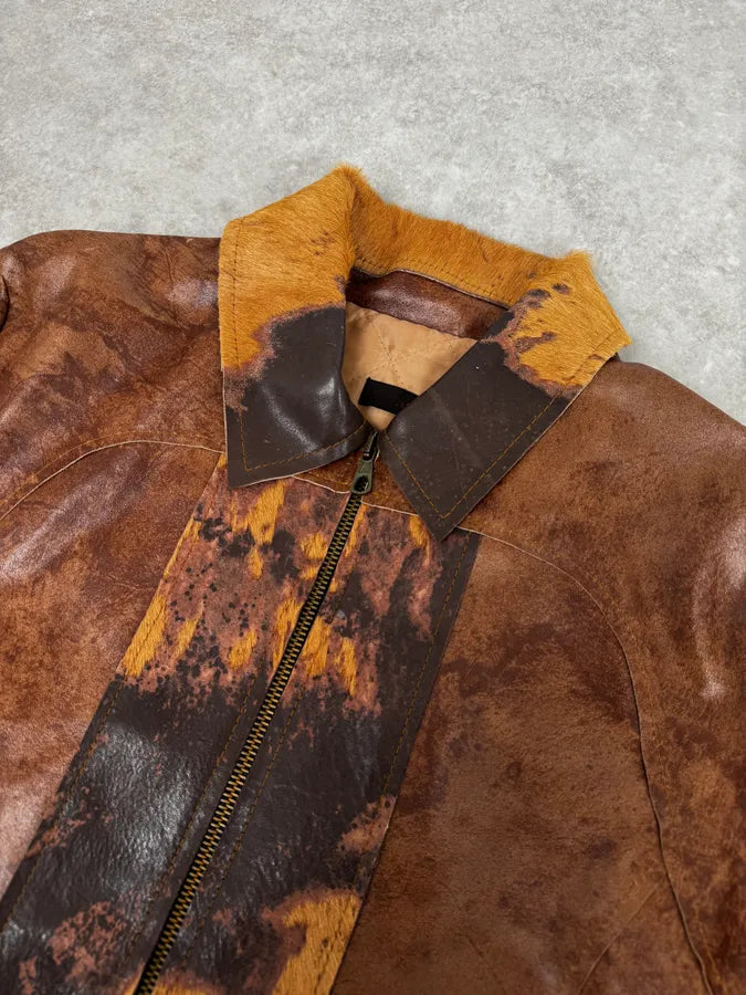 2000s Imperial Brown Leather Cow Effect Pony Hair Jacket VIteuMG 4