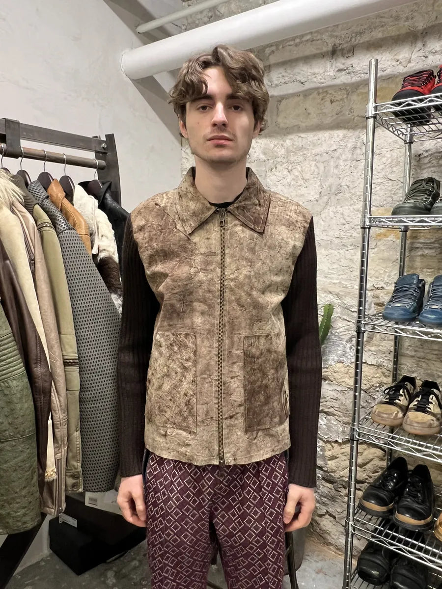 2000s Imperial Hybrid Leather & Wool Brown Eroded Jacket (M) 0