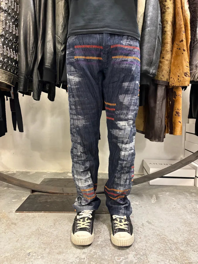 2000s Issey Miyake Navy & Grey Color Stripes Relief Pants ufHjZzs 1