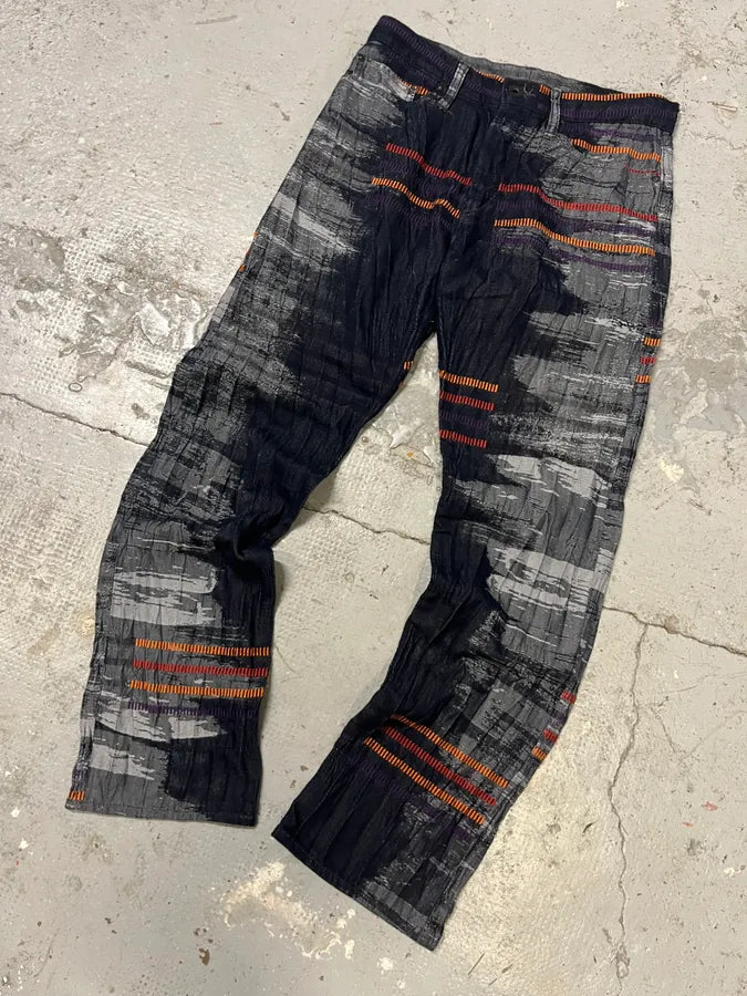 2000s Issey Miyake Navy & Grey Color Stripes Relief Pants ufHjZzs 4