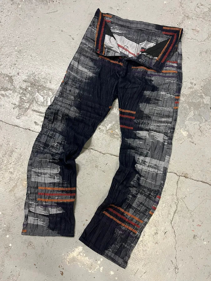 2000s Issey Miyake Navy & Grey Color Stripes Relief Pants ufHjZzs 5