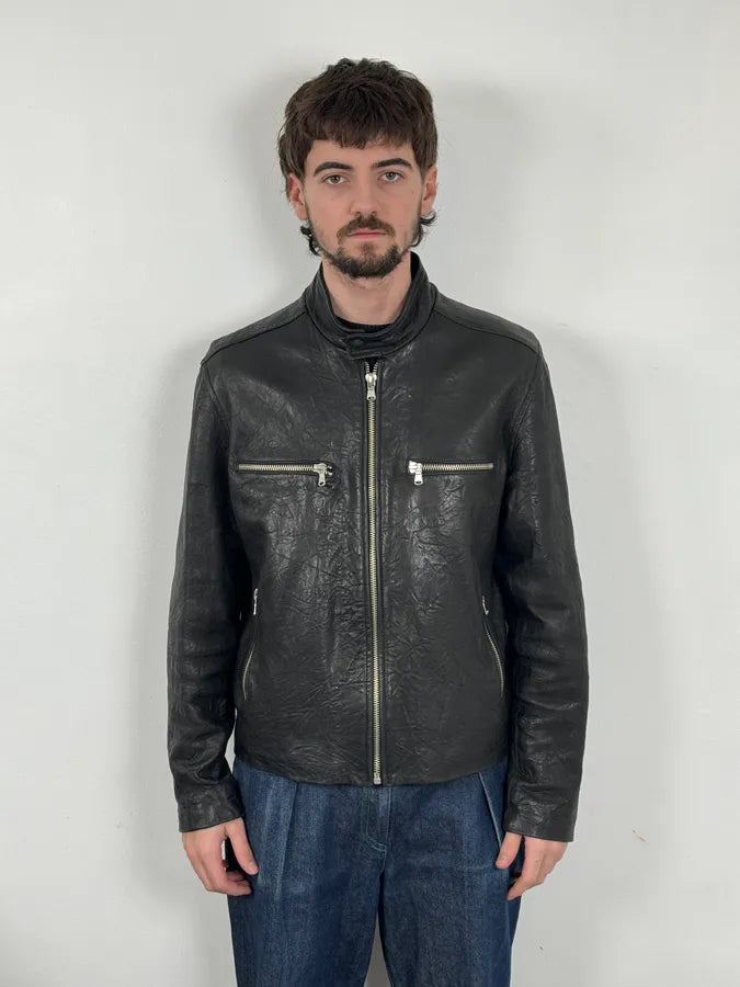 2000s Italian Black Eroded Leather Avant-Garde Jacket TBXULkD 1