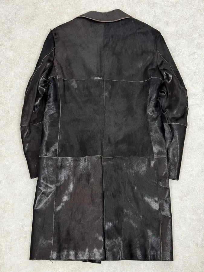 2000s Italian Black Leather Pony Hair Long Jacket VhmoAvm 3