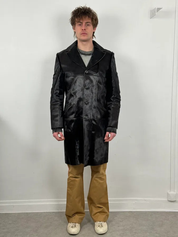 2000s Italian Black Leather Pony Hair Long Jacket VhmoAvm 1