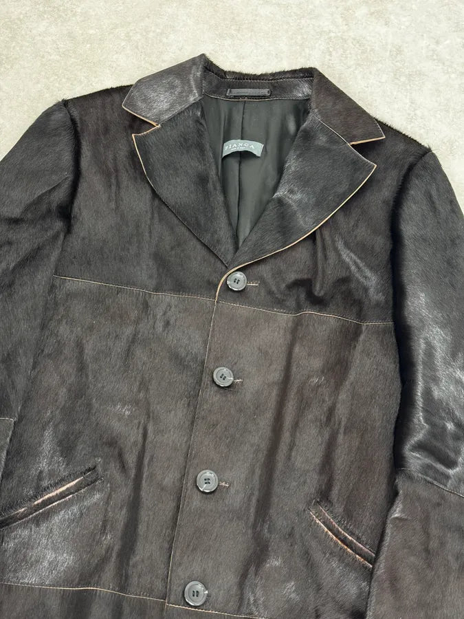 2000s Italian Black Leather Pony Hair Long Jacket VhmoAvm 4