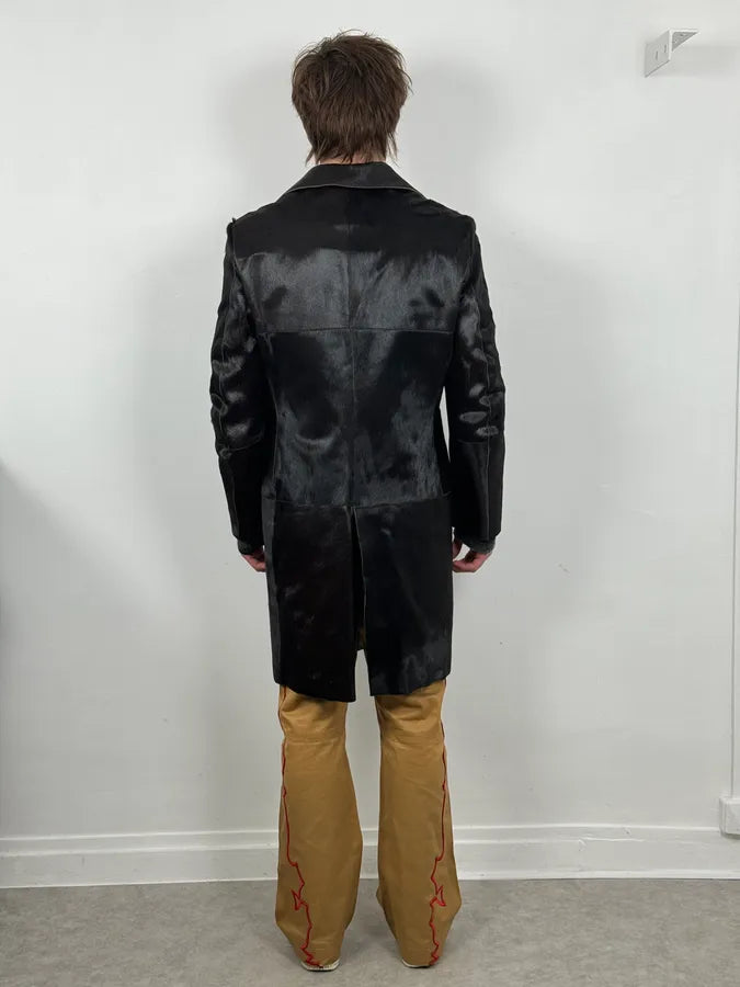 2000s Italian Black Leather Pony Hair Long Jacket VhmoAvm 2