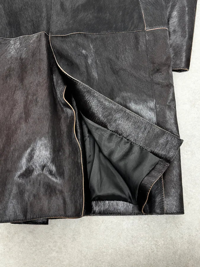 2000s Italian Black Leather Pony Hair Long Jacket VhmoAvm 8