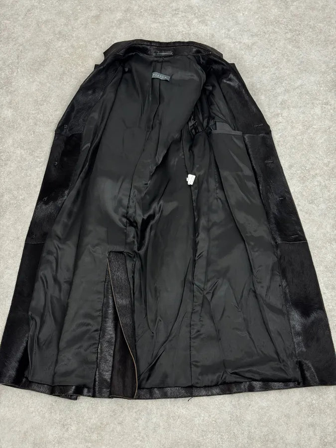 2000s Italian Black Leather Pony Hair Long Jacket VhmoAvm 6