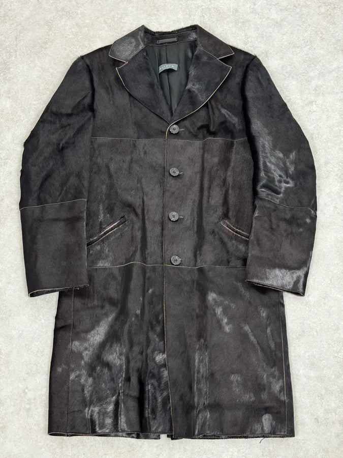 2000s Italian Black Leather Pony Hair Long Jacket VhmoAvm 0