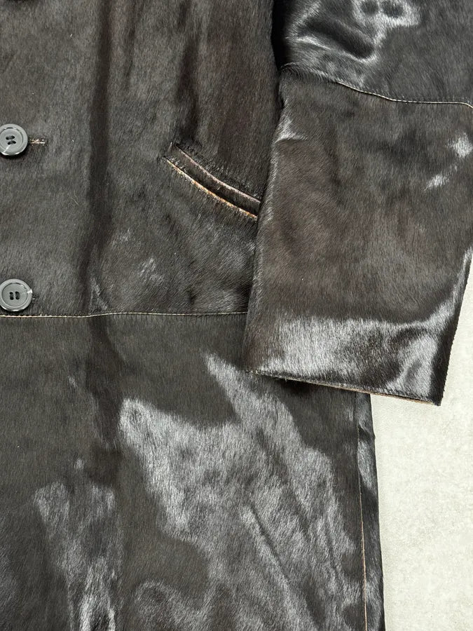 2000s Italian Black Leather Pony Hair Long Jacket VhmoAvm 7