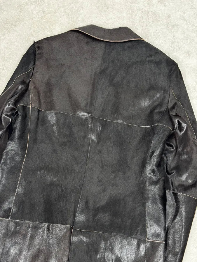 2000s Italian Black Leather Pony Hair Long Jacket VhmoAvm 5