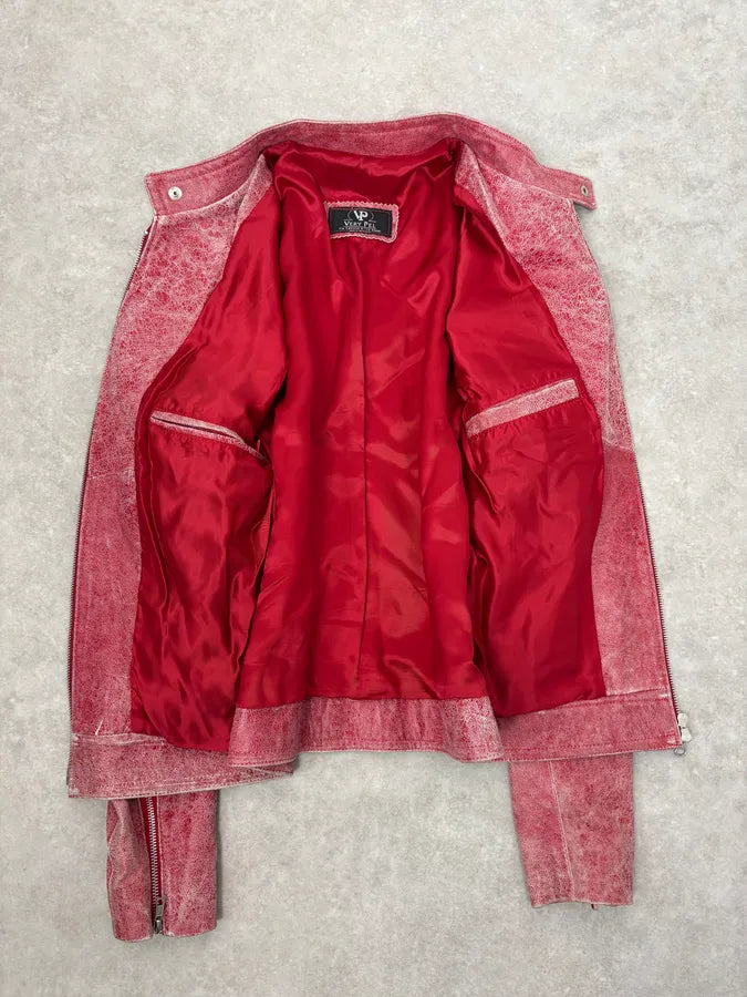 2000s Italian Red Eroded Leather Roma Jacket oPjBtYB 6