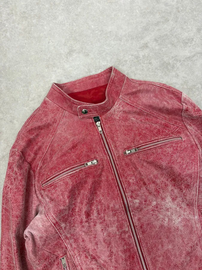 2000s Italian Red Eroded Leather Roma Jacket oPjBtYB 4