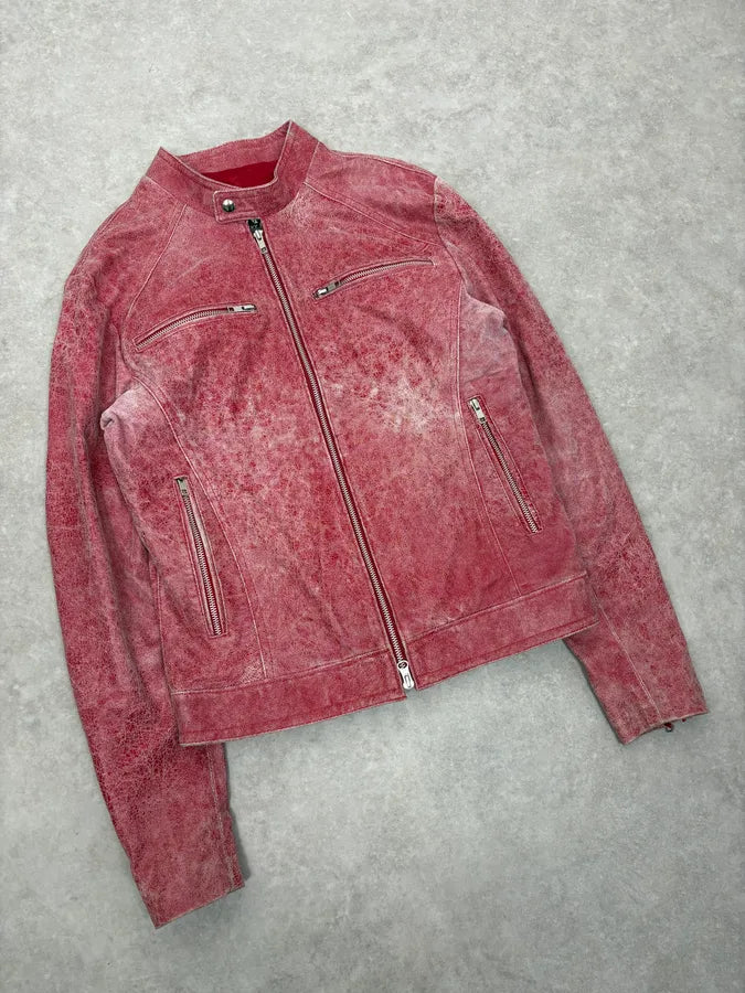 2000s Italian Red Eroded Leather Roma Jacket oPjBtYB 3