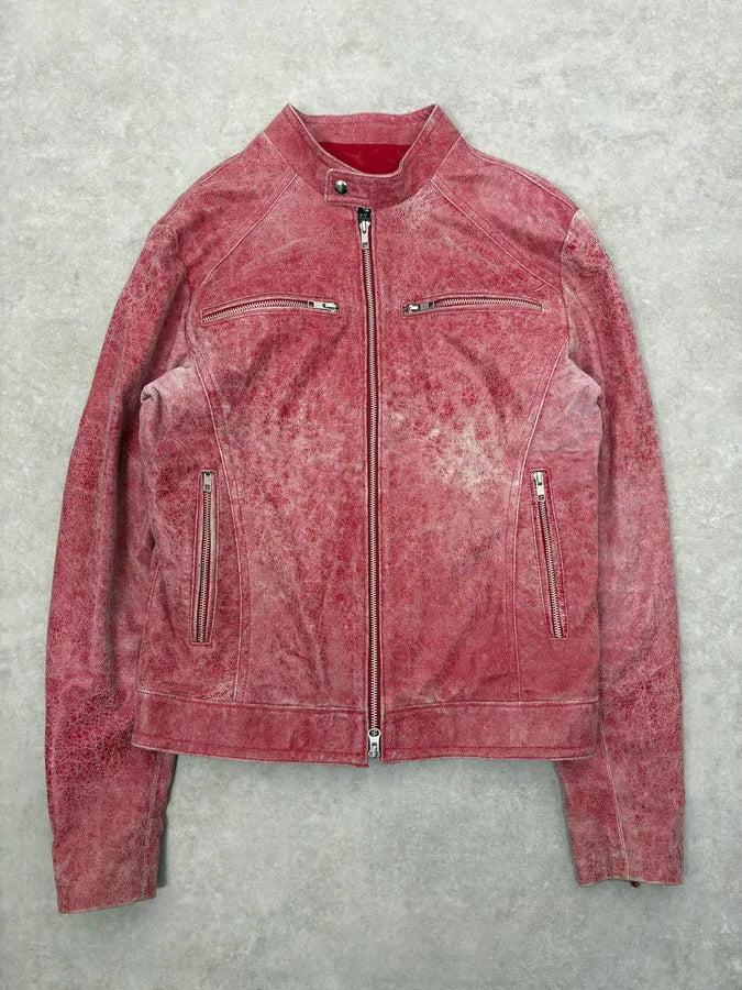 2000s Italian Red Eroded Leather Roma Jacket oPjBtYB 0