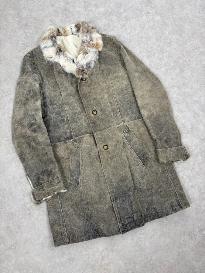 2000s Italian Vintage Fur & Leather Premium Long Jacket Rnpwvrq 3