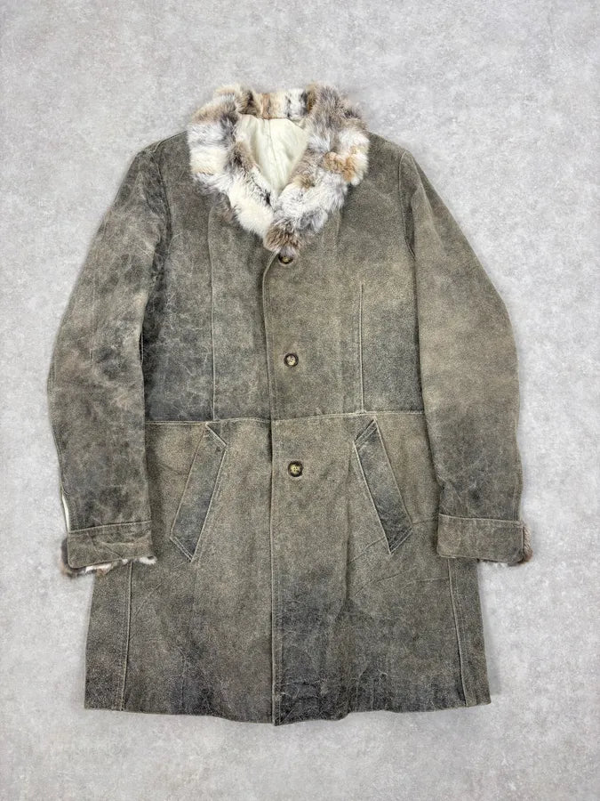 2000s Italian Vintage Fur & Leather Premium Long Jacket Rnpwvrq 0