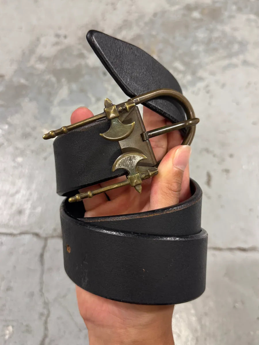 2000s Jean Paul Gaultier Axes Metal Buckle Black Leather Belt IXkbMhu 0