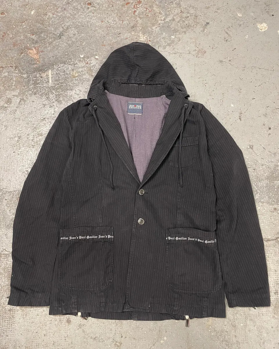 2000s Jean Paul Gaultier Black Hooded Striped Blazer Jacket (L) 0