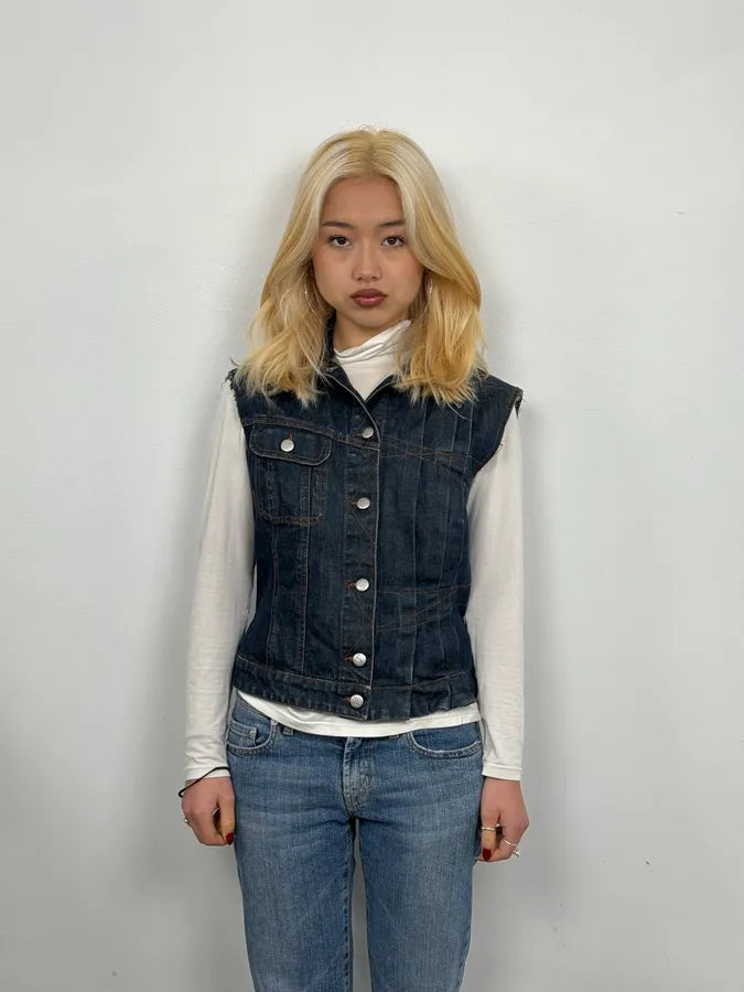 2000s Jean Paul Gaultier Blue Elastic Sleeveless Vest Denim Jacket NgQmWHx 1