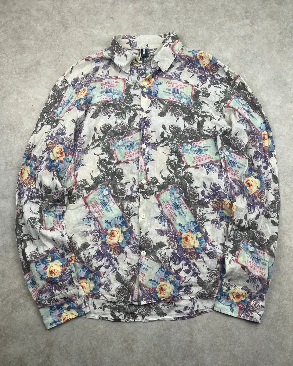 2000s Jean Paul Gaultier Cream Floral Currency Shirt EsYbyla 0