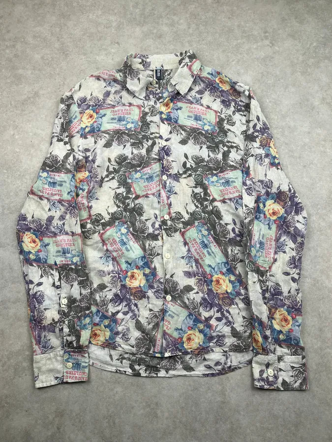 2000s Jean Paul Gaultier Cream Floral Currency Shirt EsYbyla 3