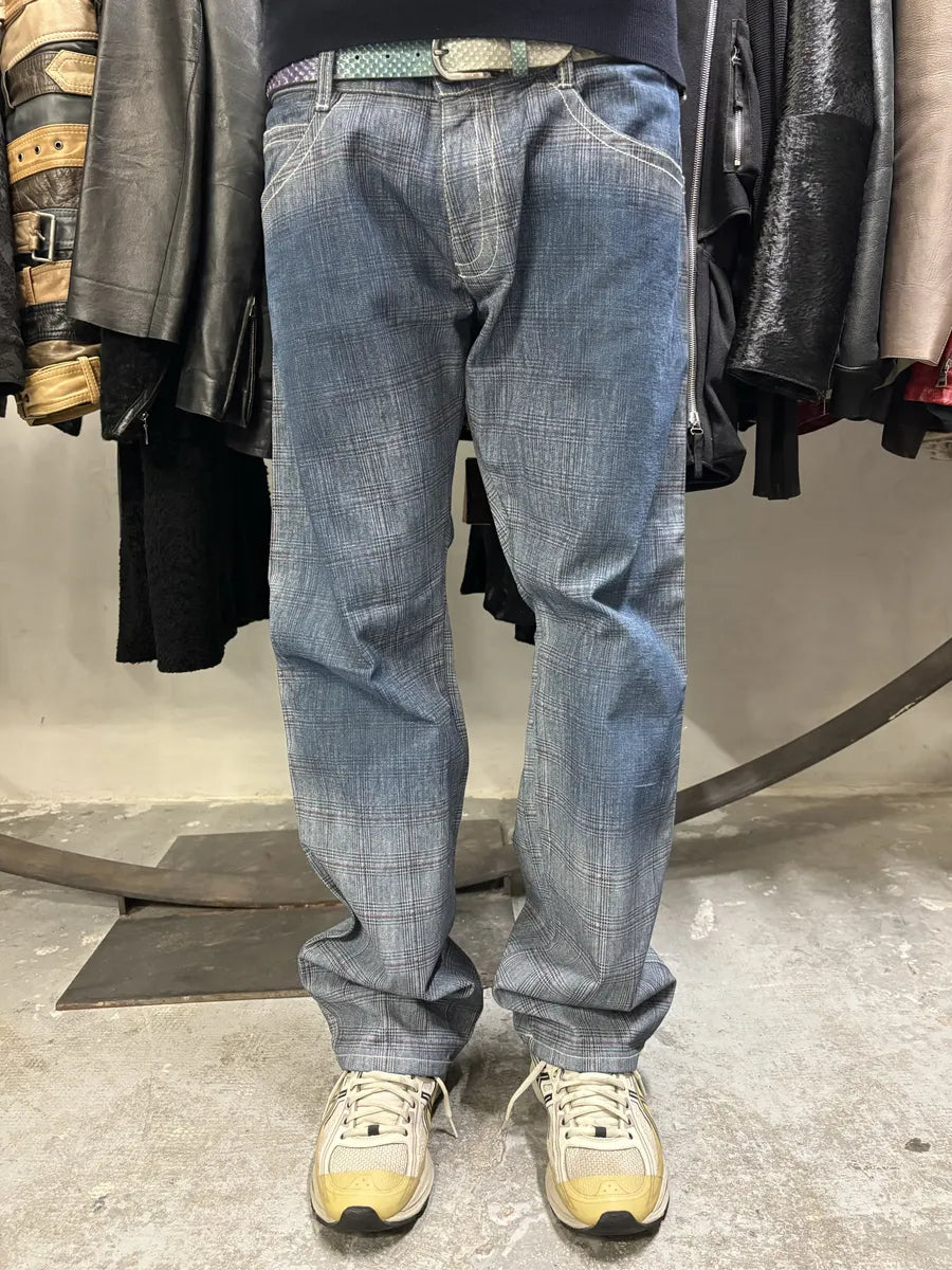 2000s Jean Paul Gaultier Faded Blue Tartan Blurred Pants (L/XL) KwiDXEd 0