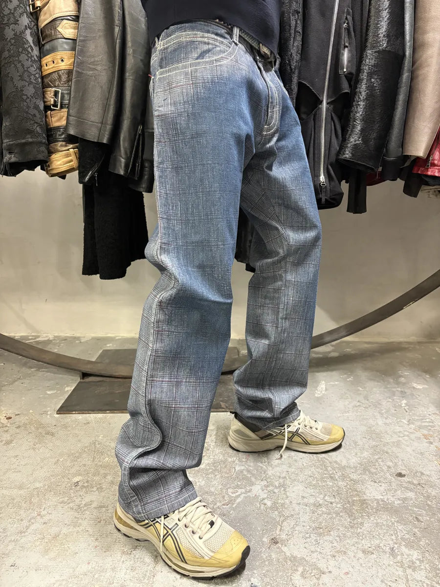 2000s Jean Paul Gaultier Faded Blue Tartan Blurred Pants (L/XL) KwiDXEd 1