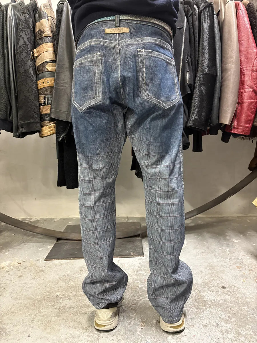 2000s Jean Paul Gaultier Faded Blue Tartan Blurred Pants (L/XL) KwiDXEd 3