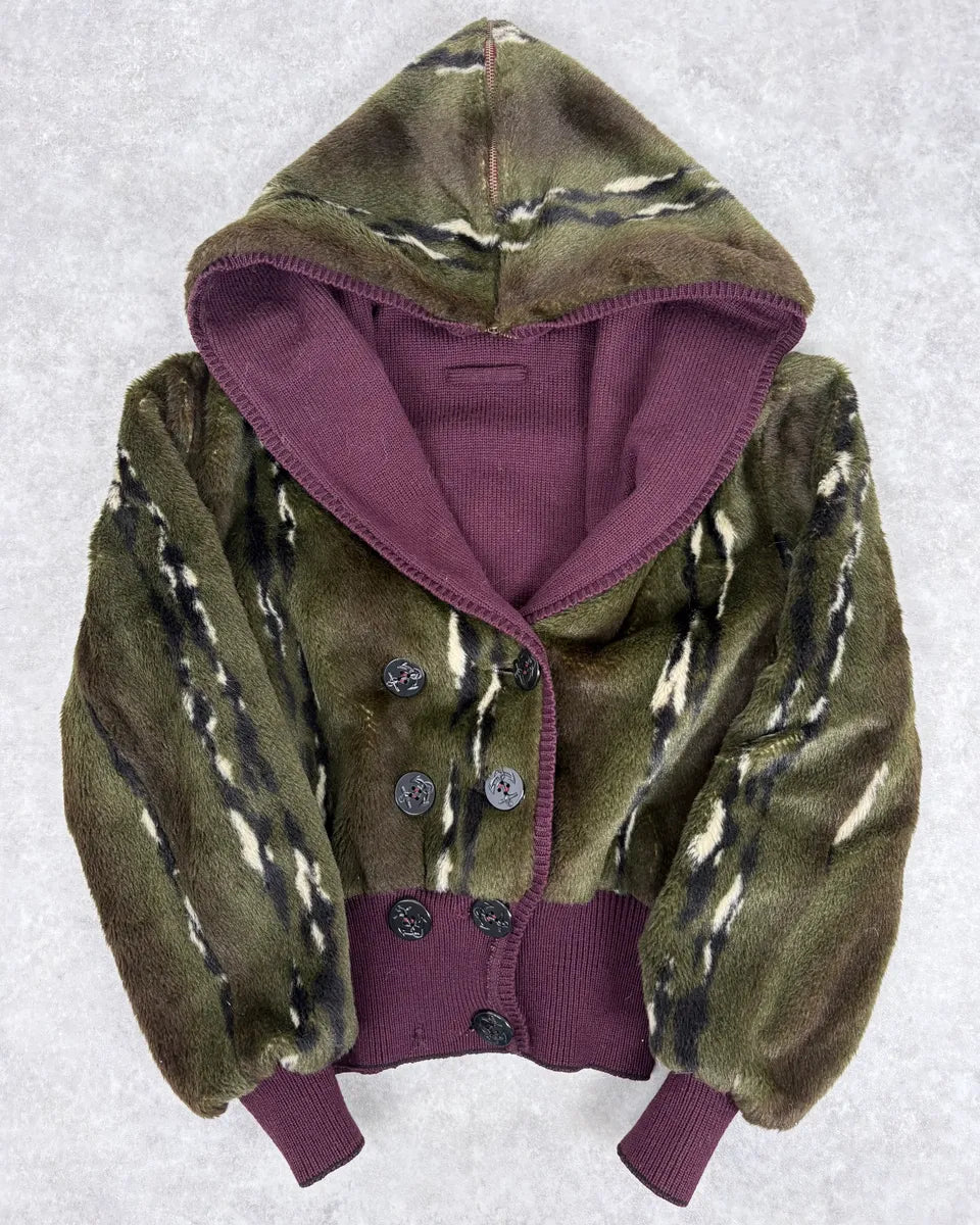 2000s Jean Paul Gaultier Faux Fur Khaki & Bordeaux Hooded Reversible Bomber Jacket UtqUGWl 0