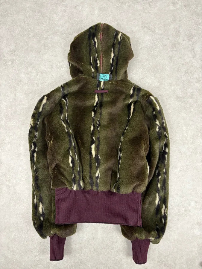 2000s Jean Paul Gaultier Faux Fur Khaki & Bordeaux Hooded Reversible Bomber Jacket UtqUGWl 1