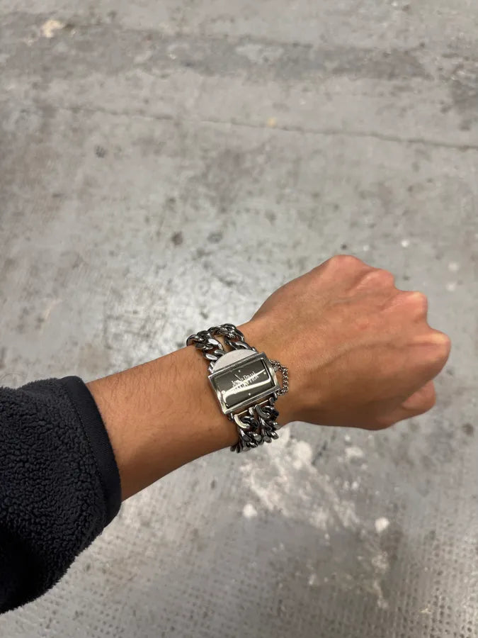 2000s Jean Paul Gaultier Grey Silver Steel 2 Chains Watch (OS) mfkpSot 3