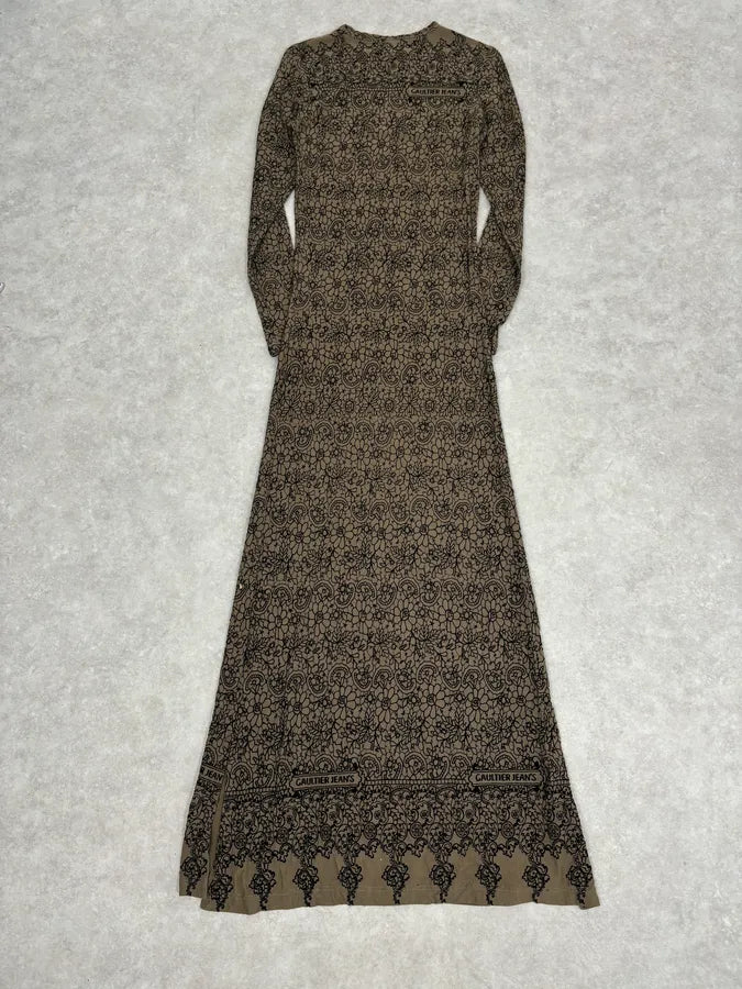 2000s Jean Paul Gaultier Khaki Tattoo Floral Maxi Dress EmDWuvz 3