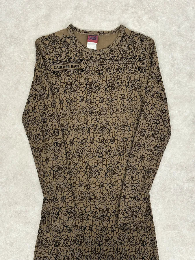 2000s Jean Paul Gaultier Khaki Tattoo Floral Maxi Dress EmDWuvz 4
