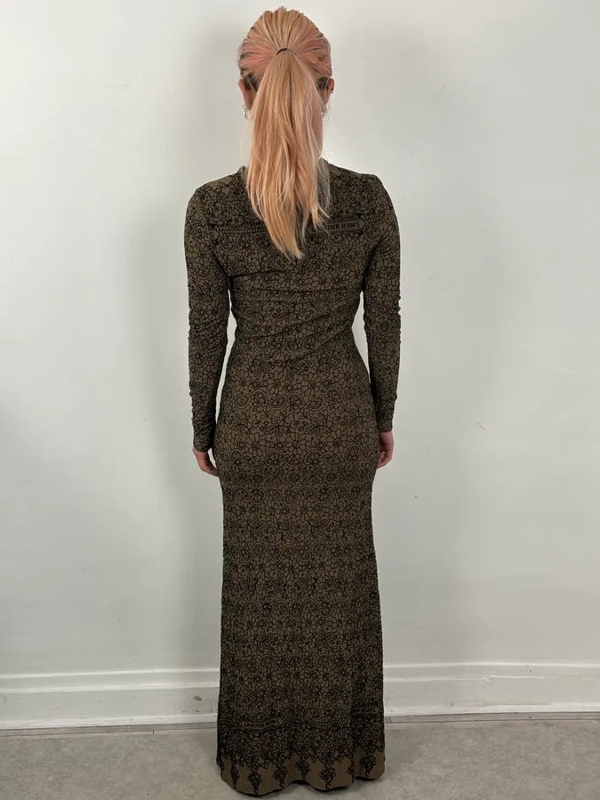2000s Jean Paul Gaultier Khaki Tattoo Floral Maxi Dress EmDWuvz 1