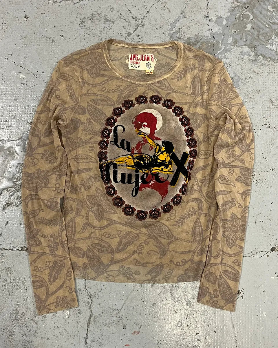 2000s Jean Paul Gaultier La Mujer Beige Longsleeves Mesh Top nhjAGfN 0