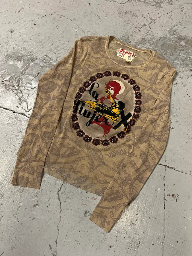 2000s Jean Paul Gaultier La Mujer Beige Longsleeves Mesh Top nhjAGfN 3