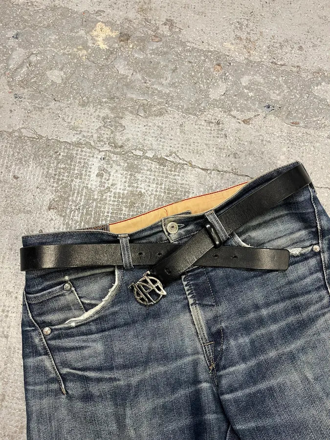2000s Jean Paul Gaultier Logo Buckle Black Leather Belt (OS) WOKnIhH 1