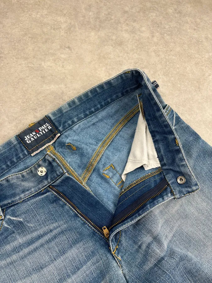 2000s Jean Paul Gaultier Solar Button Blue Denim Long Shorts cSlAUvr 8