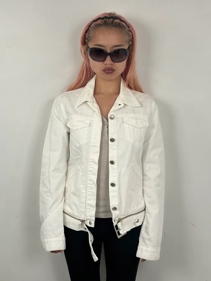 2000s Jean Paul Gaultier White Belted Denim Jacket fHuHUdL 1