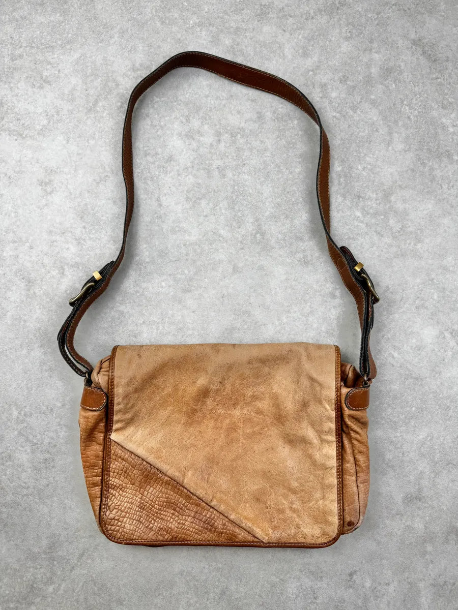 2000s Jil Sander Brown & Beige Hybrid Leather Messenger Bag VxiQTBy 0