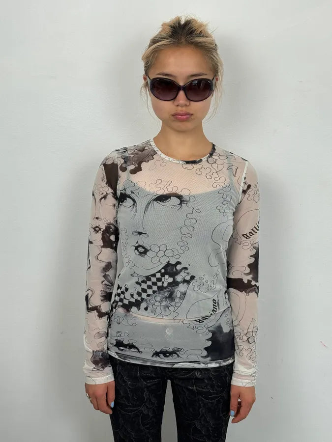 2010s John Galliano Black & White Comic Mesh Longsleeve EZliGsK 1