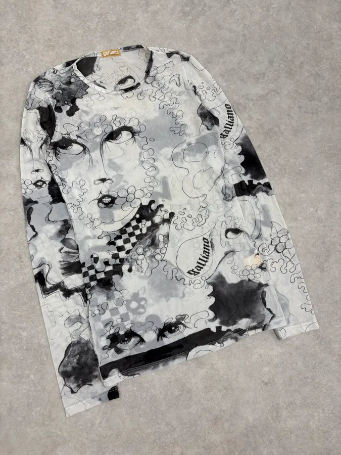 2010s John Galliano Black & White Comic Mesh Longsleeve EZliGsK 3