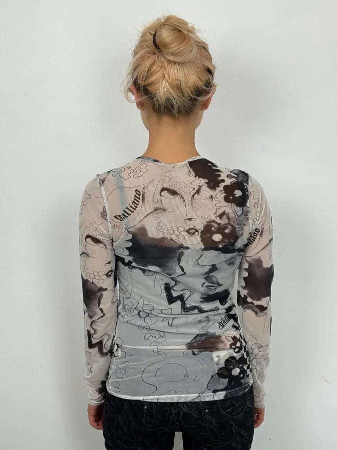 2010s John Galliano Black & White Comic Mesh Longsleeve EZliGsK 2