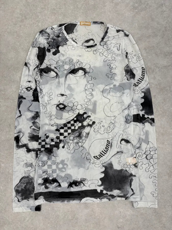2010s John Galliano Black & White Comic Mesh Longsleeve EZliGsK 0