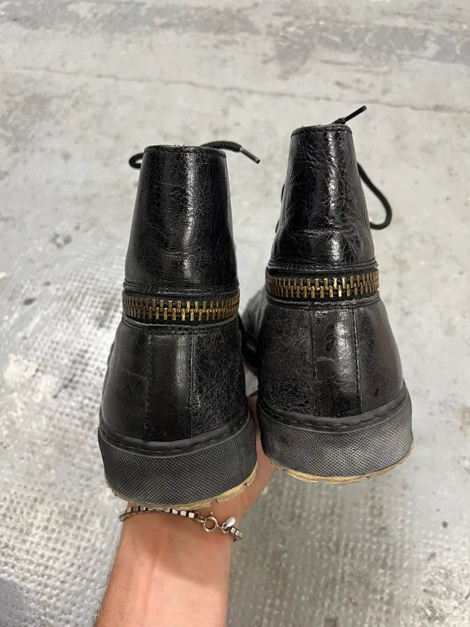 2000s John Galliano Black Eroded Leather High Shoes TieBuNz 6