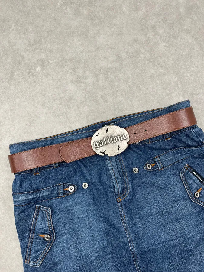 2010s Galliano Brown Leather Metallic Buckle Belt jFTKVWy 0